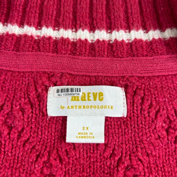 Anthropologie Maeve Tilly Varsity Cable Knit V-Neck Sweater Raspberry Pink 2X - Picture 3 of 11